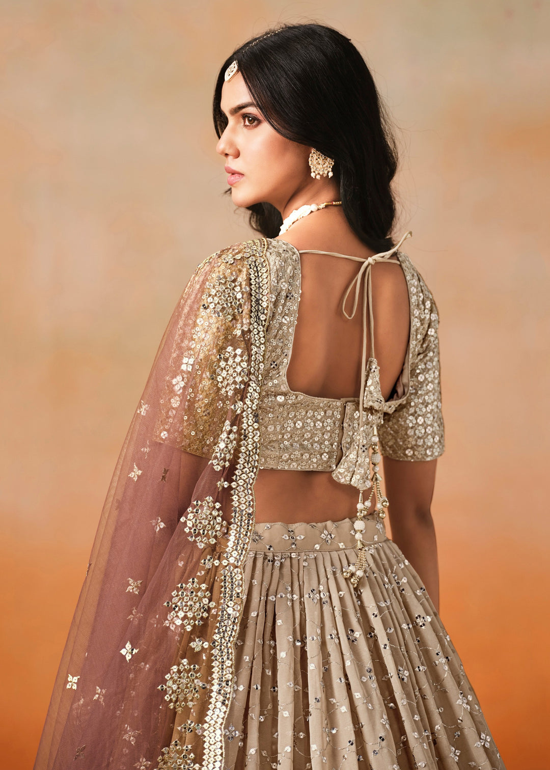 Brown Sequins Zari Embroidered Work Georgette Lehenga