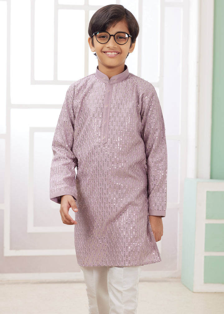 Thistle Purple Silk Mens Kurta Set With Thread Embroidery Work