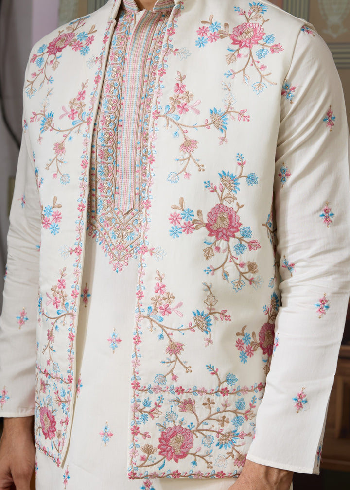 Pure White Mens Wear Koti Style with Silk Kurta and Pajama