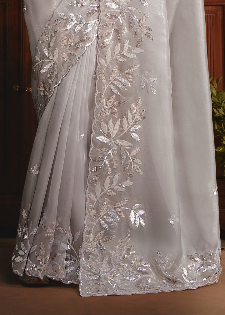 Soft Grey Tissue Organza Saree With Heavy Embroidery