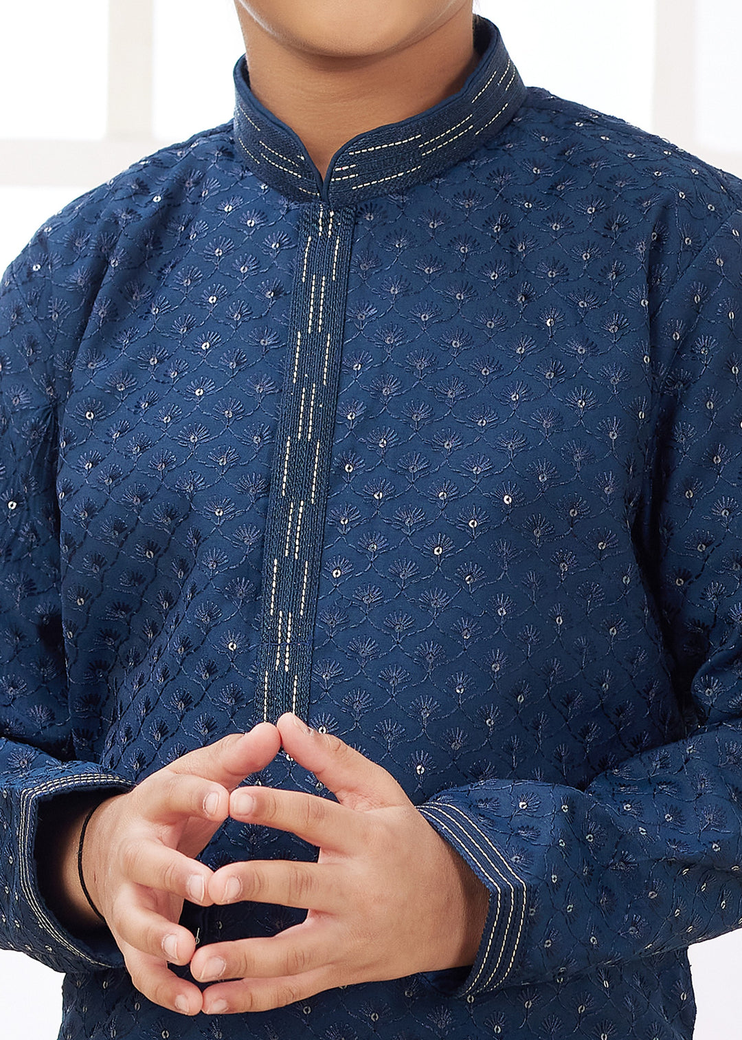 Teal Blue Silk Mens Kurta Set With Thread Embroidery Work