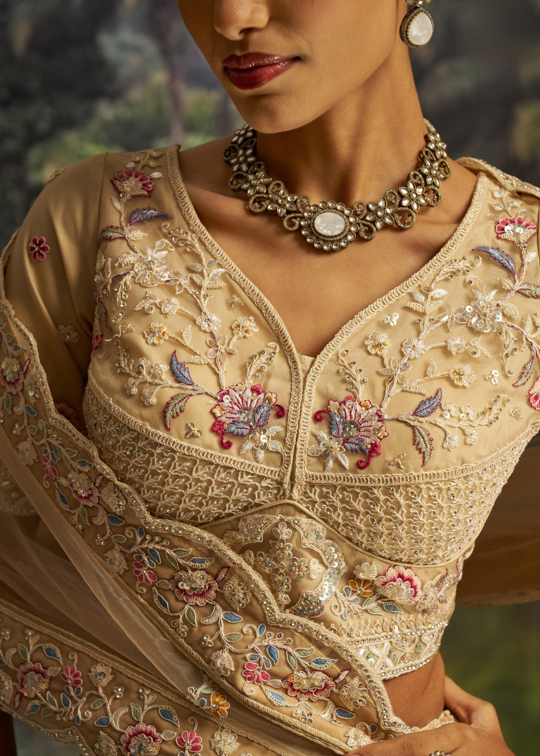 Cream Soft Net Lehenga With Multicolor Embroidery