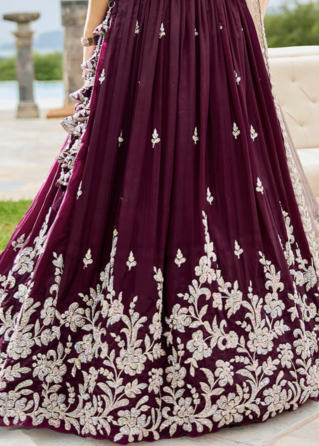 Wine Satin Silk Lehenga Choli with Beads & Sequince Embroidered