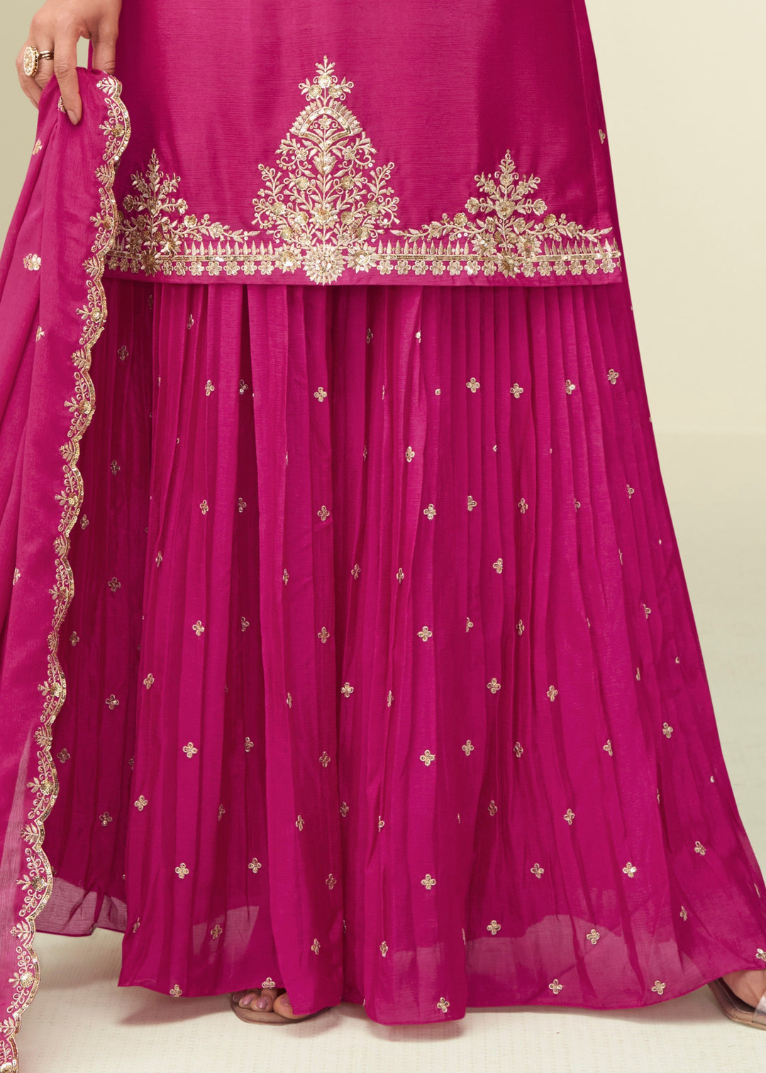 Bright Magenta/Pink With Golden Embroidery Chinnon Silk Salwar Suit