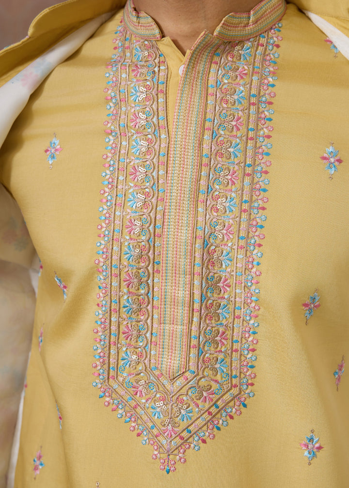 Mustard Yellow Mens Wear Koti Style with Silk Kurta and Pajama