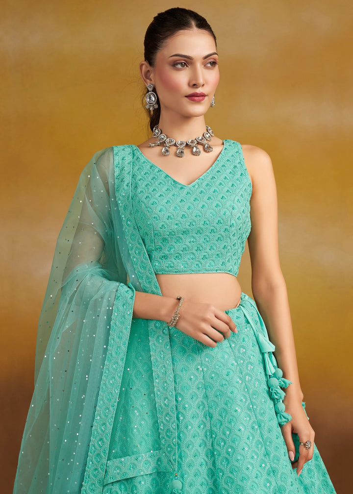 Sky Georgette Lehenga With Sequins and Thread Embroidered Work