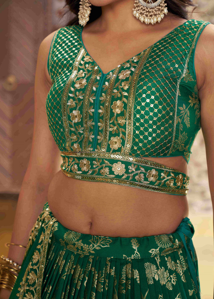 Rama Green Sequins and Zari Embroidery Work Silk Lehenga