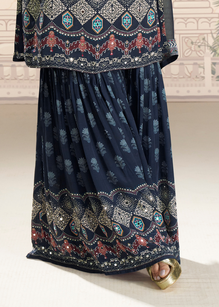 Deep Navy Blue Crep Silk Sharara Suit