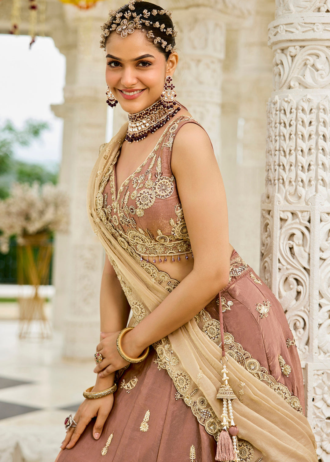 Beige Tissue Lehenga Choli with Beads & Sequince Embroidered