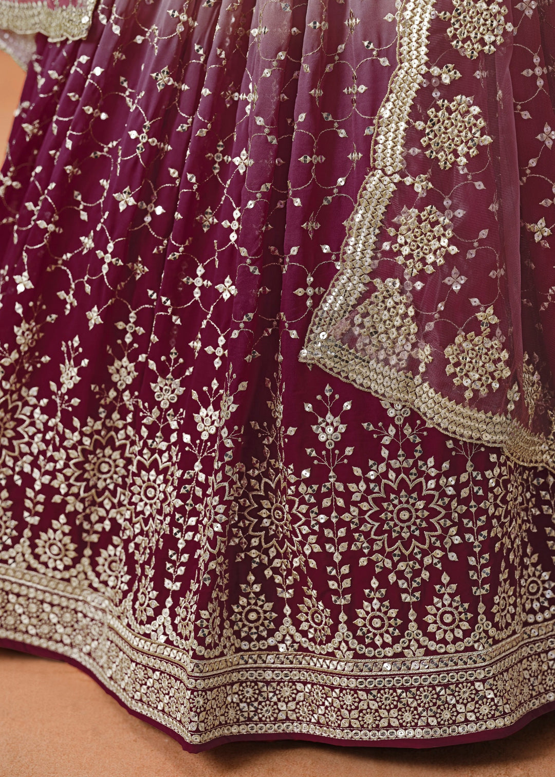 Maroon Sequins Zari Embroidered Work Georgette Lehenga