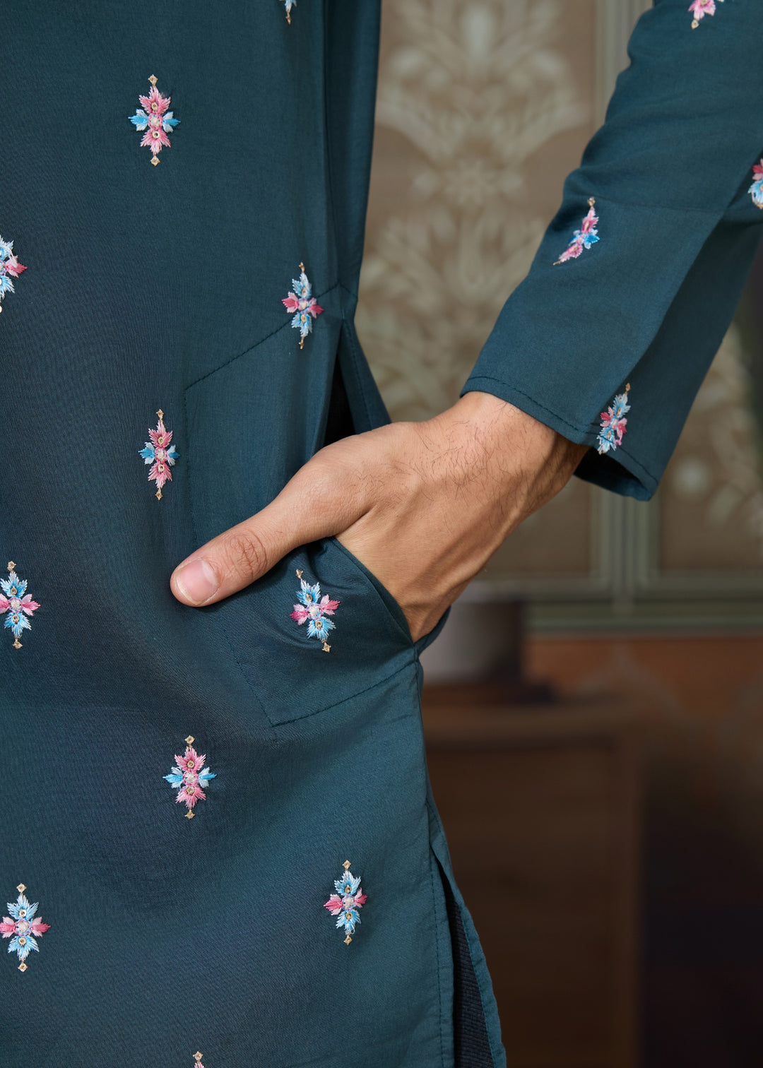 Rama Green Mens Wear Koti Style with Silk Kurta and Pajama