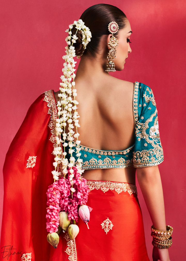 Crimson Scarlet Paisley Trim Border Soft Silk Saree