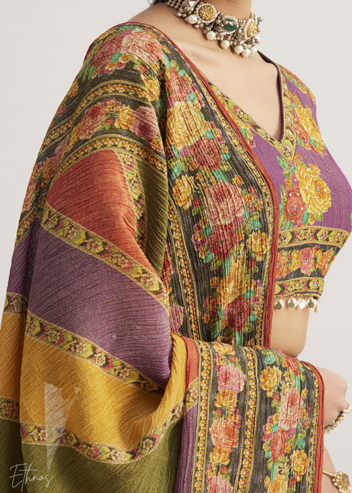 Multi-Color Panel-Printed Organza Silk Lehenga Set