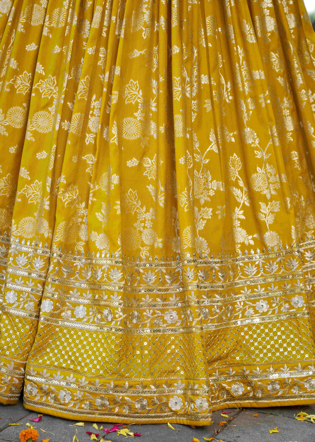Yellow Sequins and Zari Embroidery Work Silk Lehenga