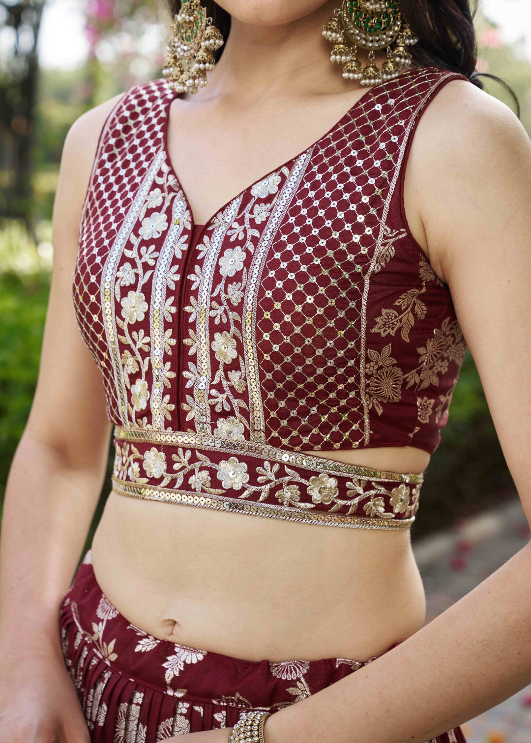 Maroon Sequins and Zari Embroidery Work Silk Lehenga
