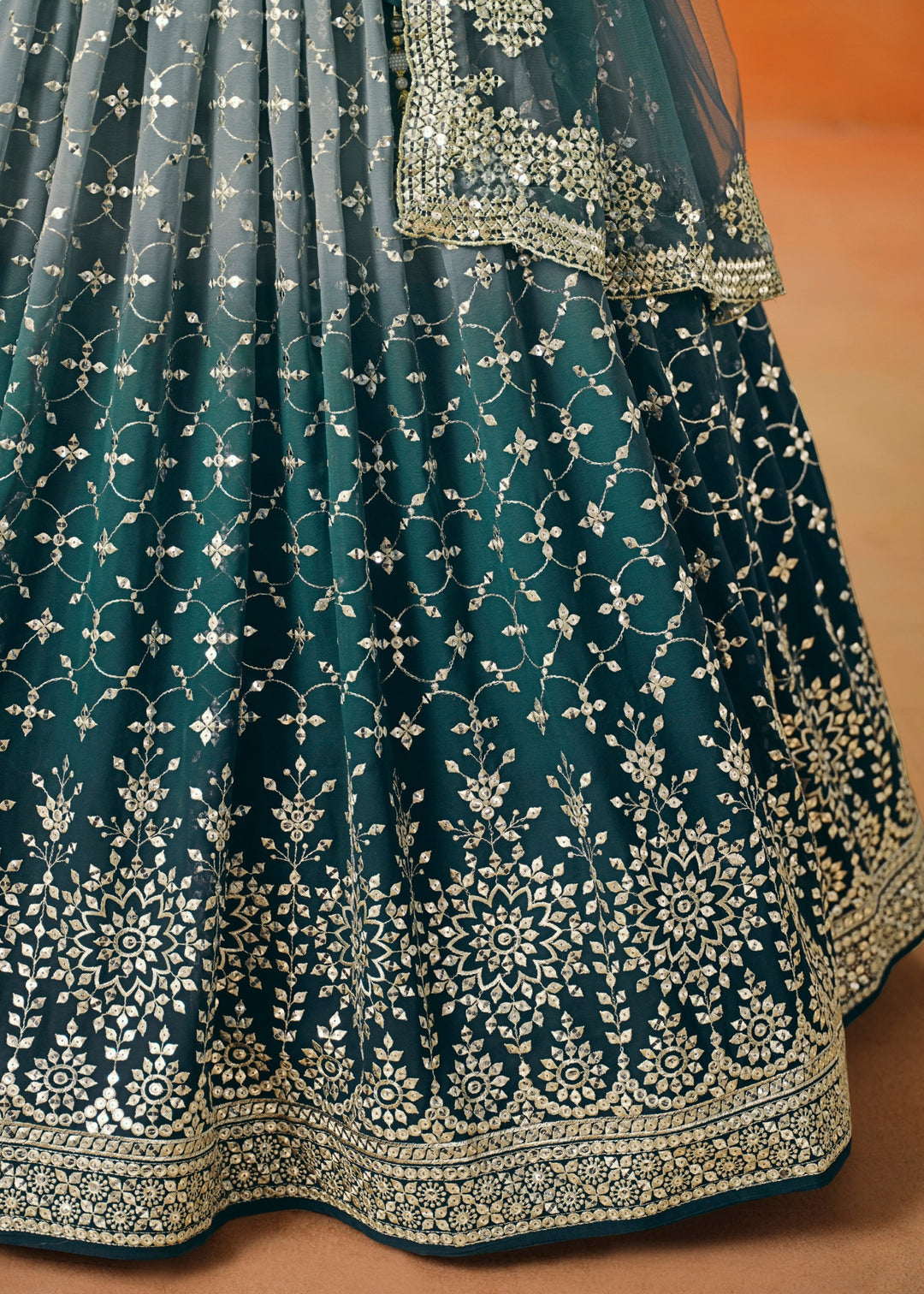 Dove Blue Sequins Zari Embroidered Work Georgette Lehenga
