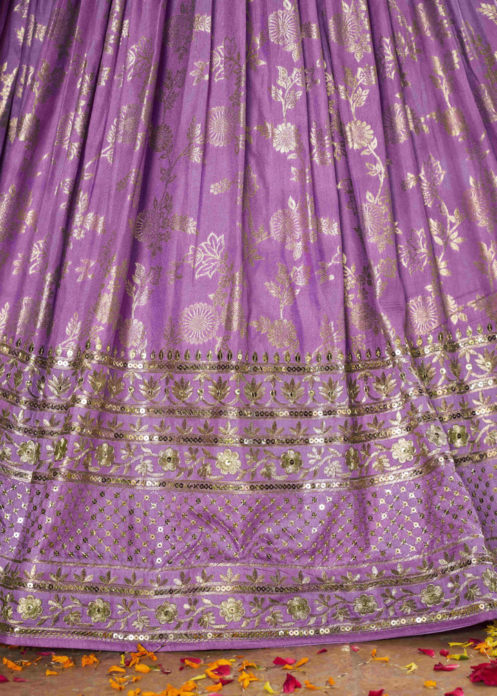 Lavender Sequins and Zari Embroidery Work Silk Lehenga