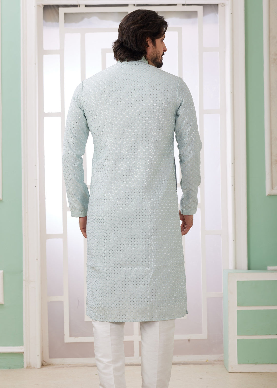 Light Blue Silk Kurta Set With Thread Embroidery Work