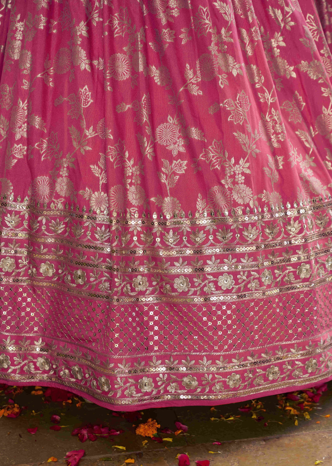 Peach Sequins and Zari Embroidery Work Silk Lehenga