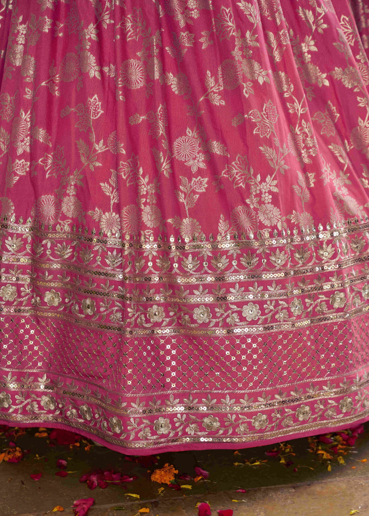 Peach Sequins and Zari Embroidery Work Silk Lehenga