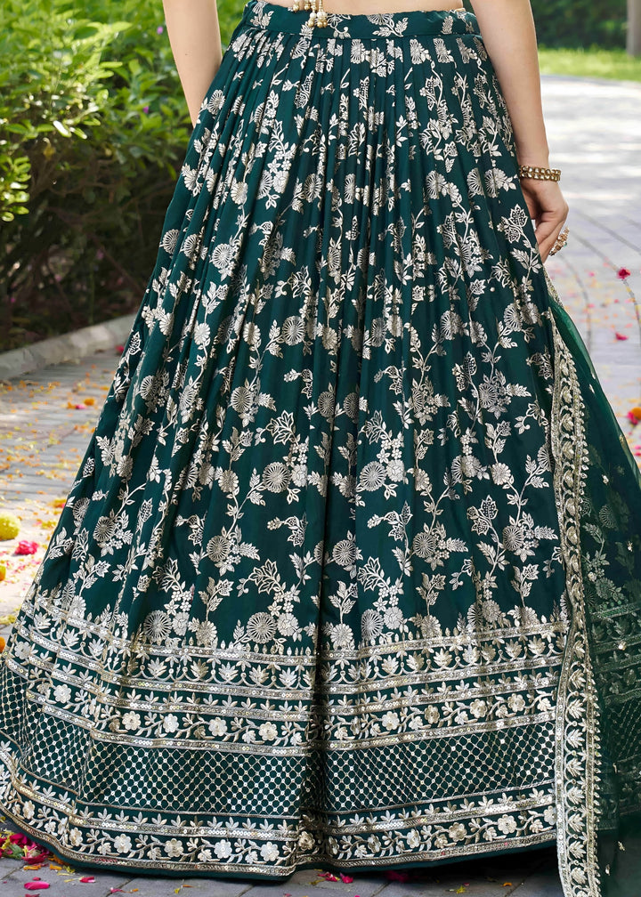 Green Sequins and Zari Embroidery Work Silk Lehenga