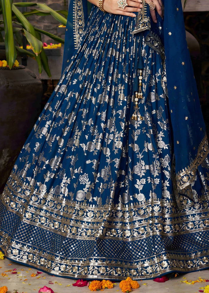 Dove Blue Sequins and Zari Embroidery Work Silk Lehenga