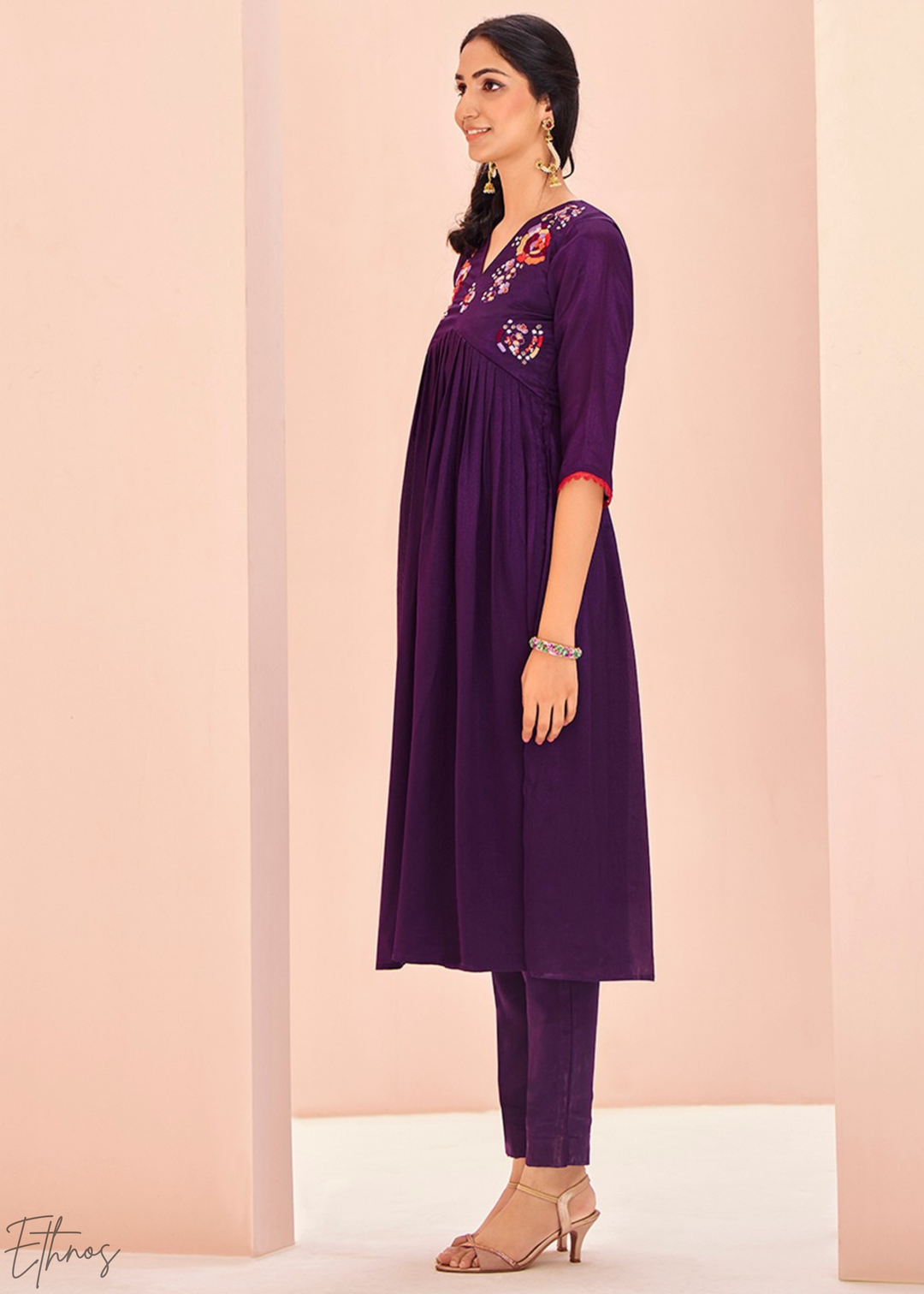 Wine Purple Yoke Embroidered Frock Kurti Palazzo Set