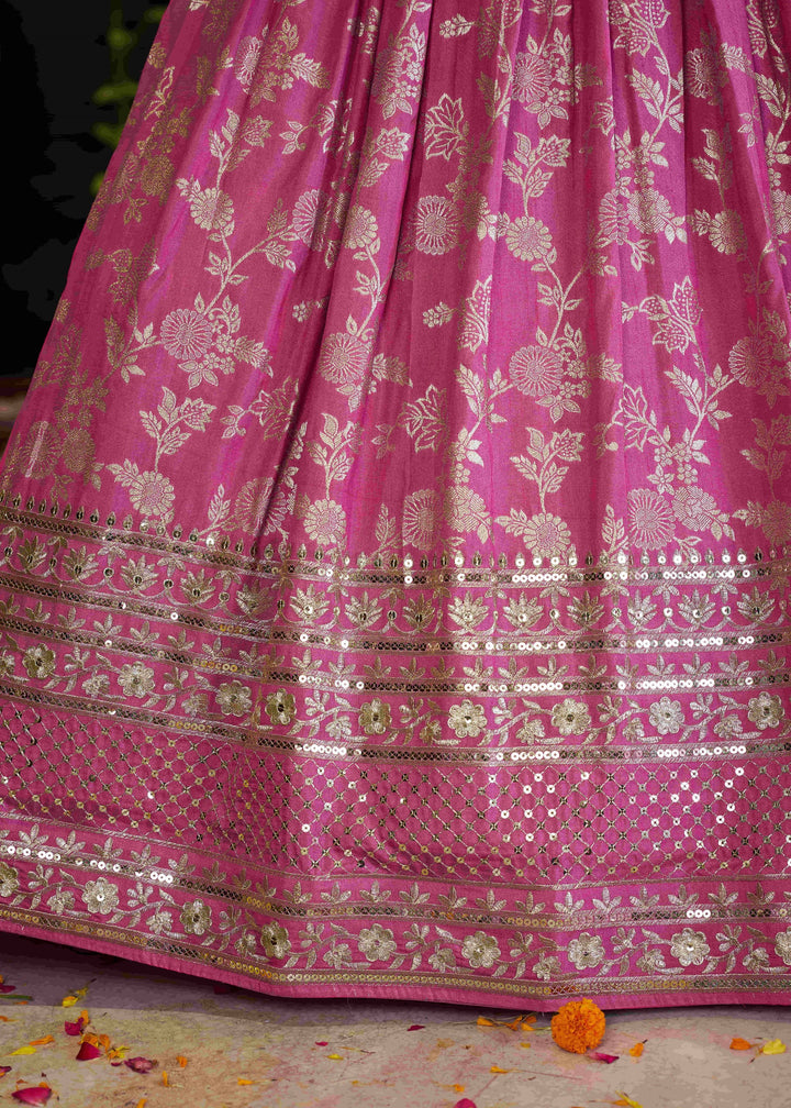 Pink Sequins and Zari Embroidery Work Silk Lehenga