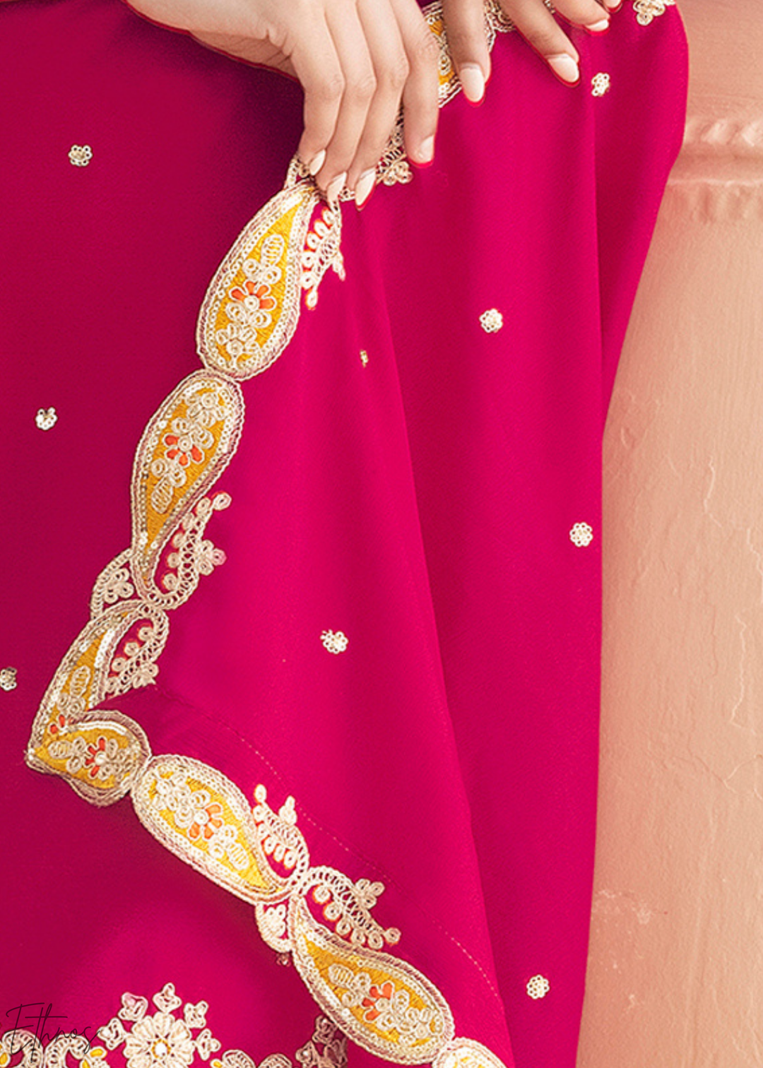 Hot Pink Appliqué Chinon Sharara Suit