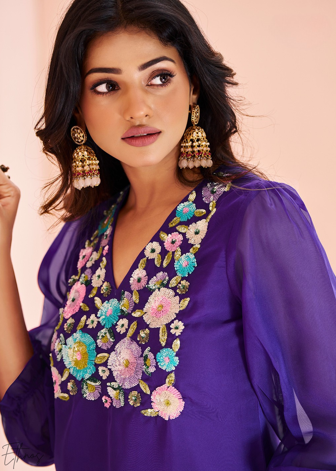 Electric Blue Embroidered Organza Pant Suit