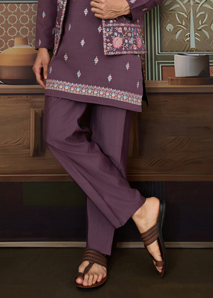 Purple Mens Wear Koti Style with Silk Kurta and Pajama