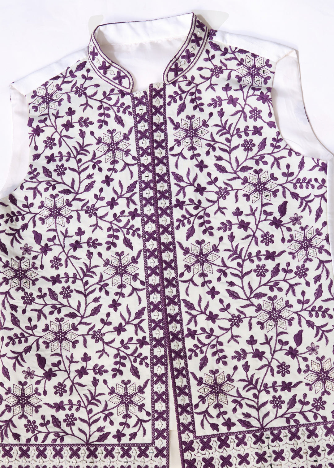 White Kurta And Pant With A Deep Plum And White Embroidered Nehru Jacket
