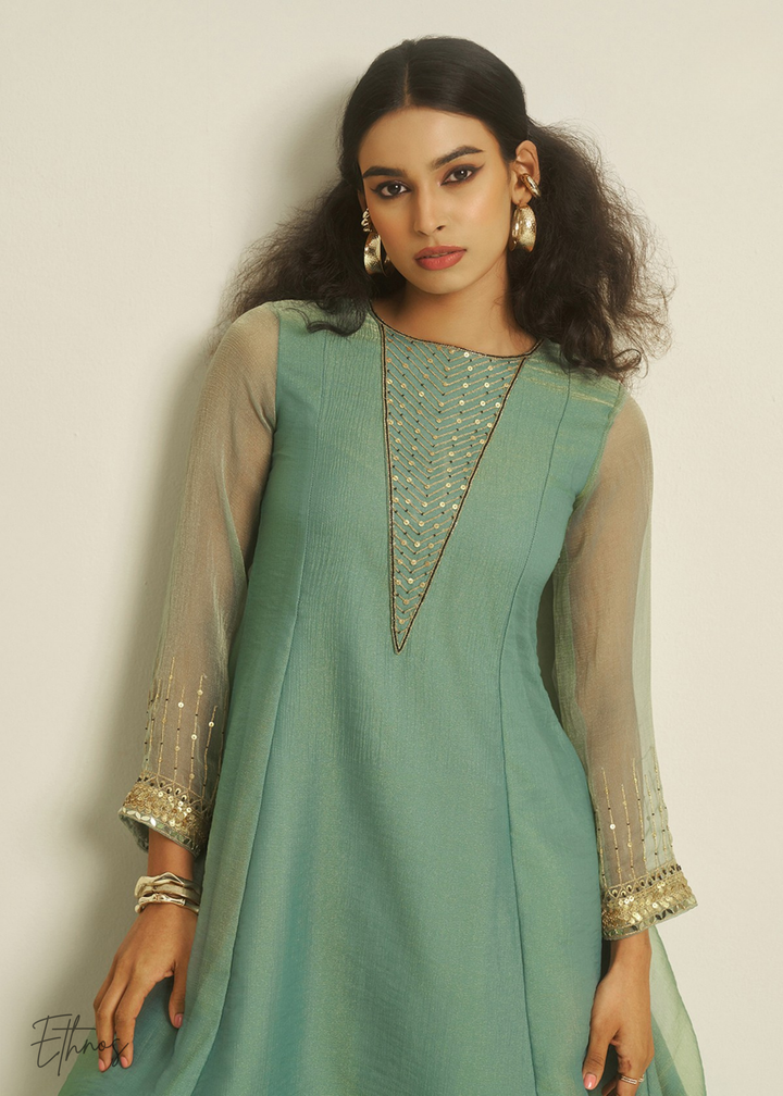 Sea Green Tissue Handwork Kurta With Pant