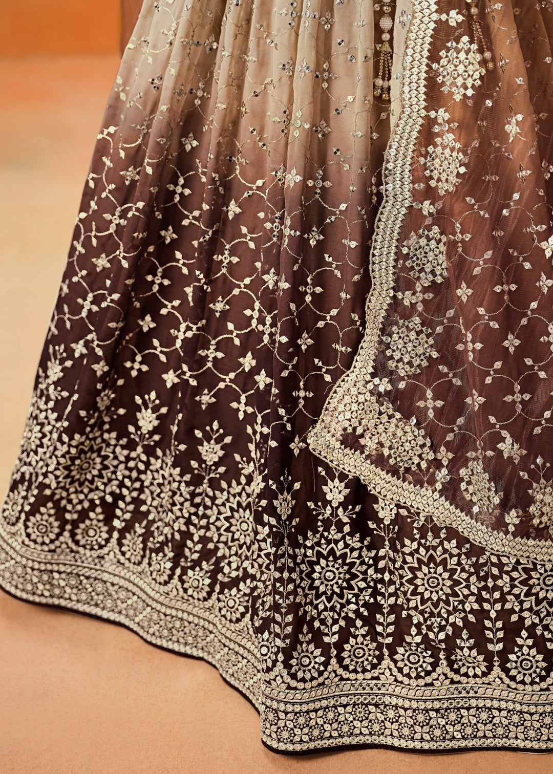 Brown Sequins Zari Embroidered Work Georgette Lehenga