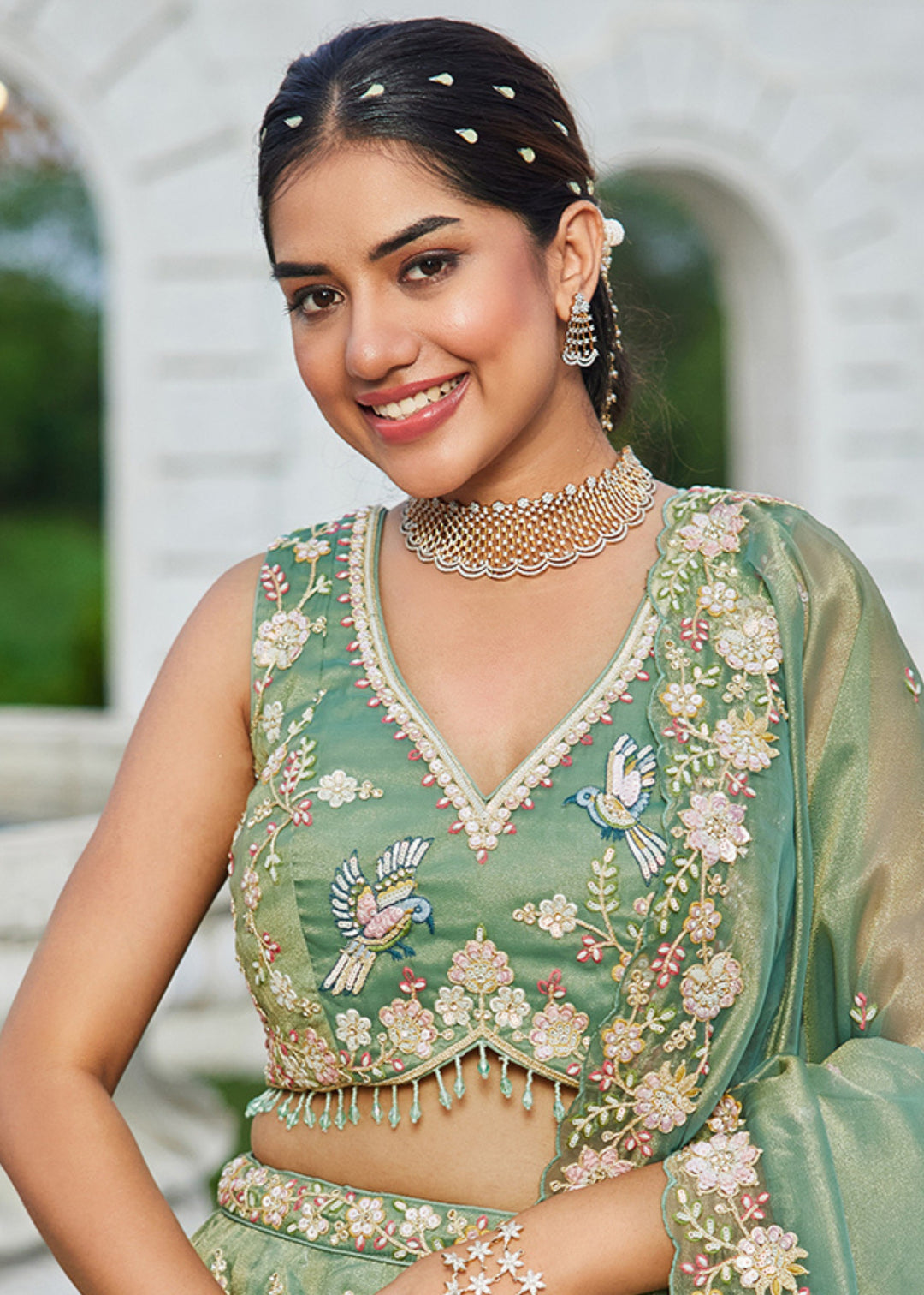 Green Tissue Lehenga Choli with Beads & Sequince Embroidered