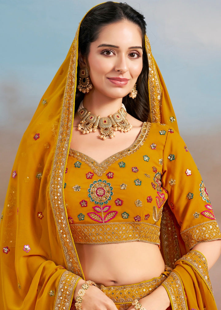 Yellow Sequins And Zari With Dori And Resham Embroidery Work Georgette Lehenga