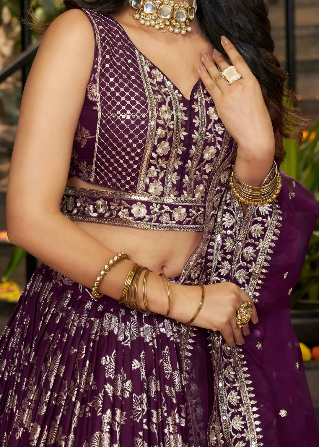 Wine Sequins and Zari Embroidery Work Silk Lehenga