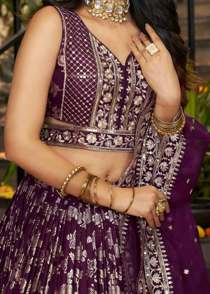 Wine Sequins and Zari Embroidery Work Silk Lehenga