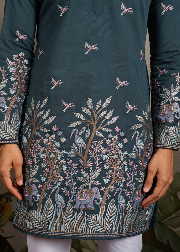 Deep Teal Green Mens Silk Kurta with Pant