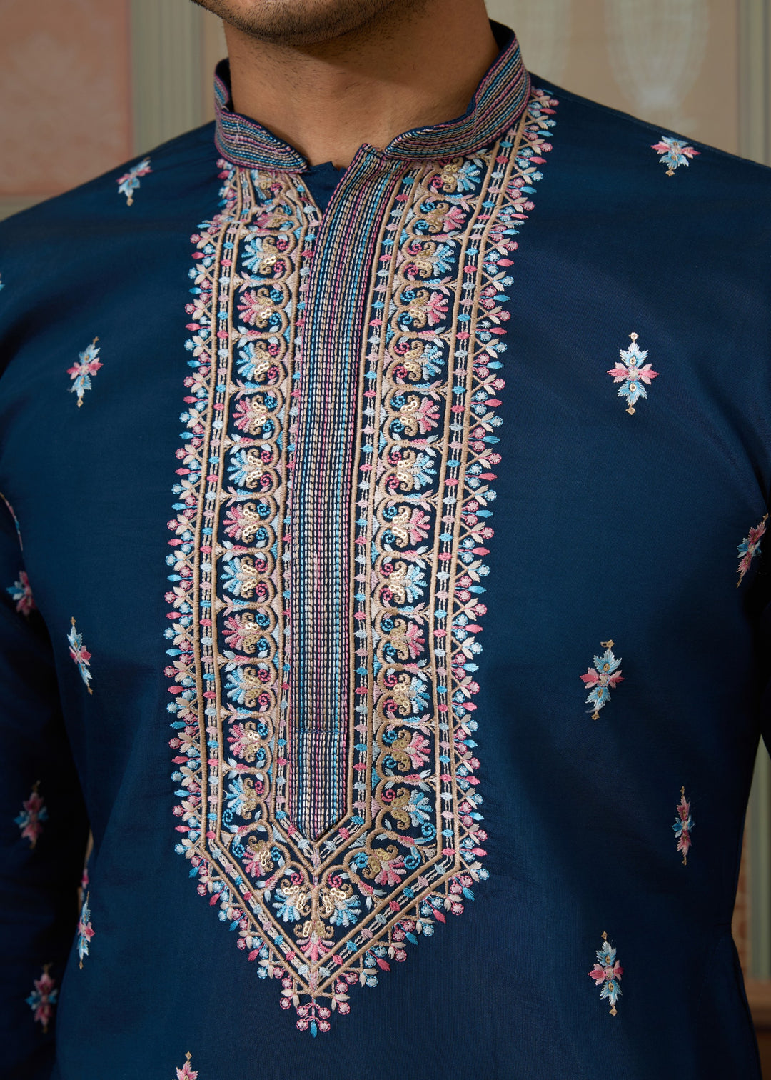 Teal Blue Mens Wear Koti Style with Silk Kurta and Pajama