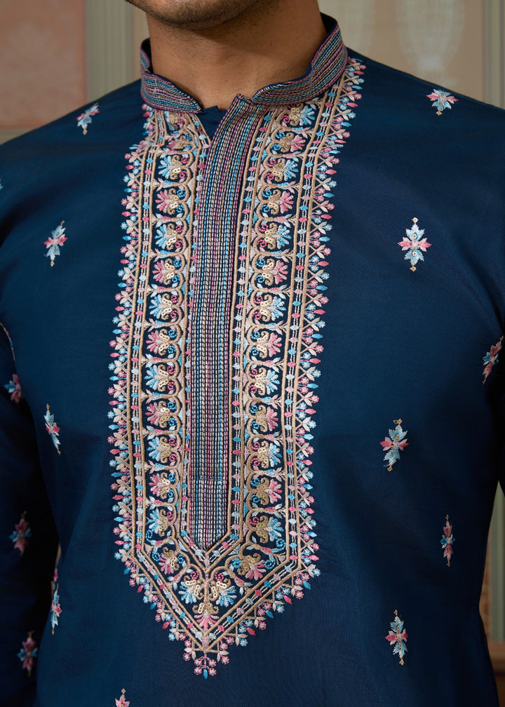 Teal Blue Mens Wear Koti Style with Silk Kurta and Pajama
