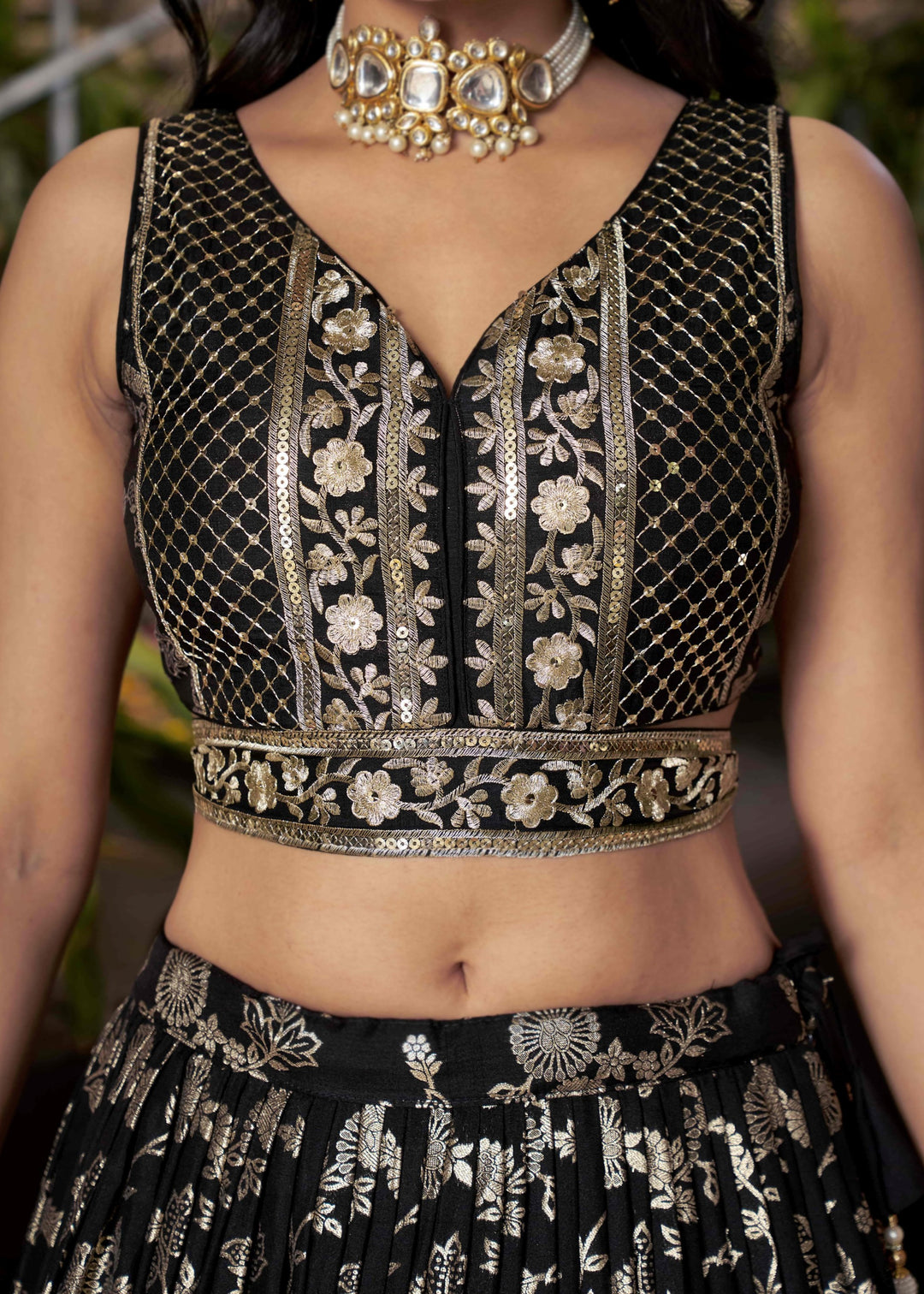 Black Sequins and Zari Embroidery Work Silk Lehenga
