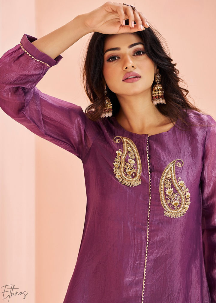 Plum Purple Paisley-Embroidered Organza Pant Suit