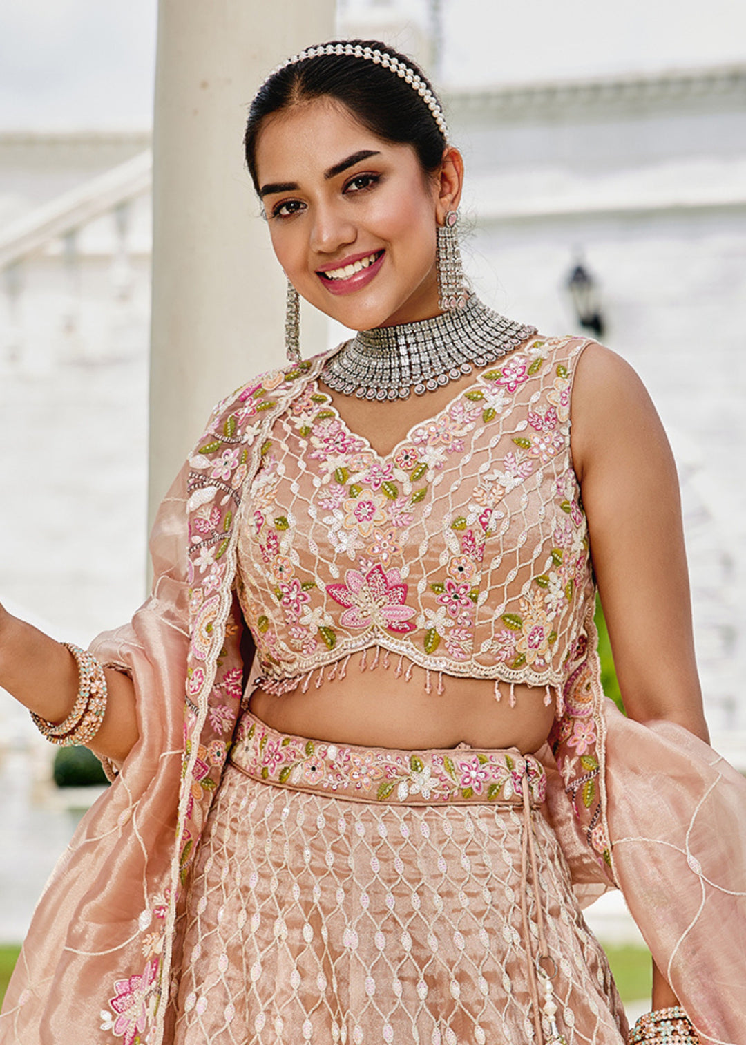 Nude Satin Silk Lehenga Choli with Sequinned Embroidered