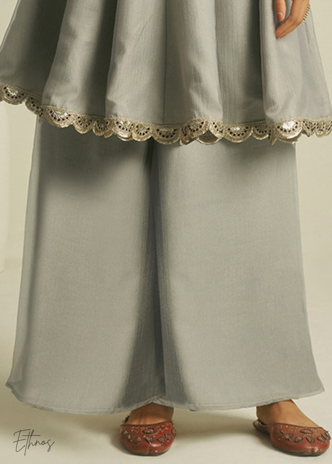 Grey Tissue Handwork Kurta With Pant