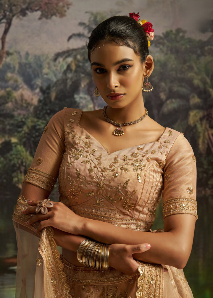 Peachy Rose Gold Gota Silk Lehenga With Embroidery