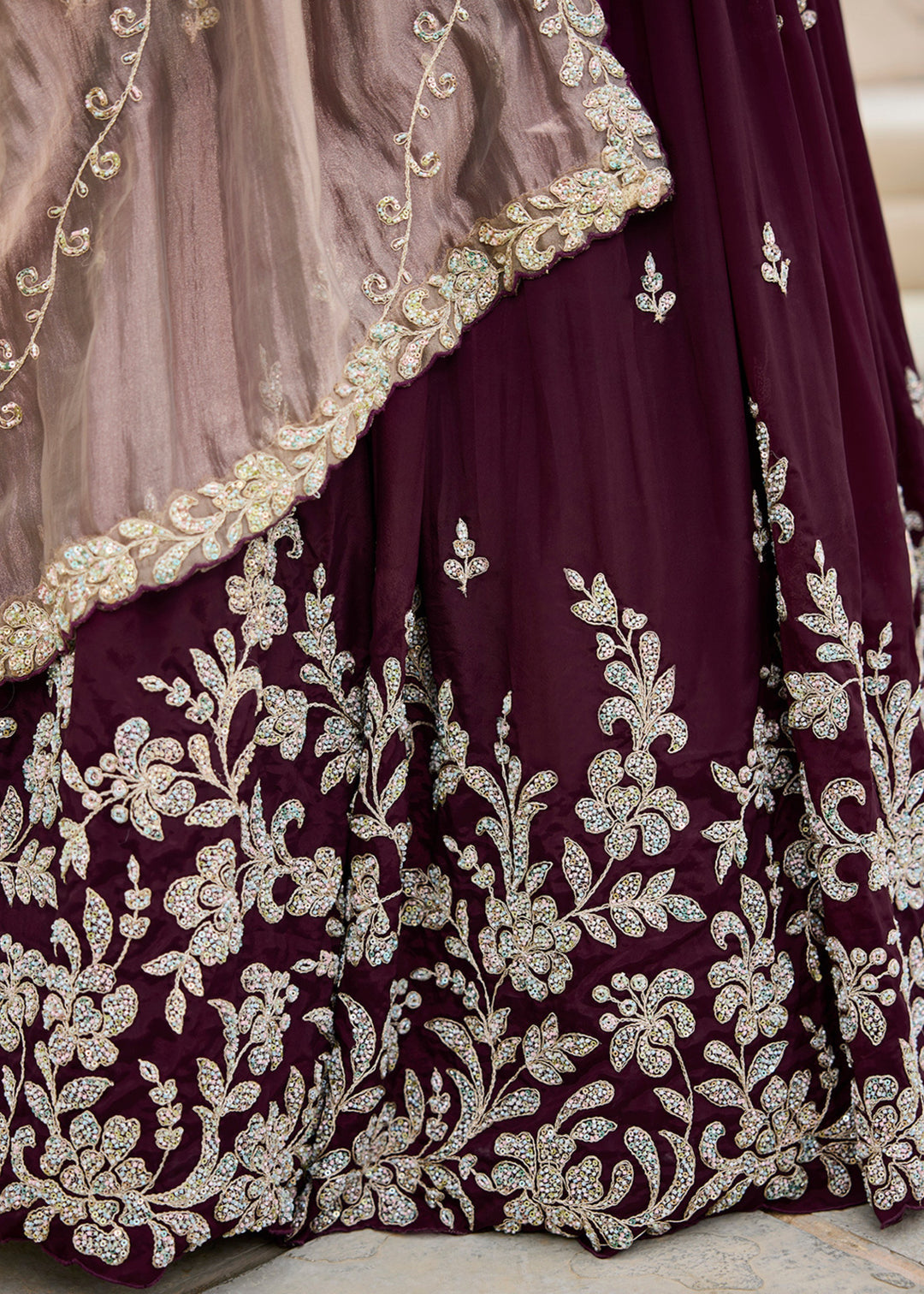 Wine Satin Silk Lehenga Choli with Beads & Sequince Embroidered