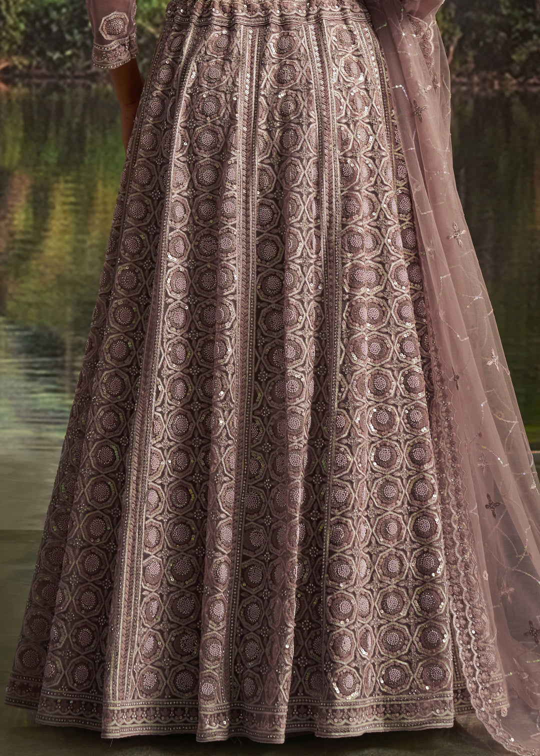 Mauve Soft Net Lehenga With Tonal Embroidery