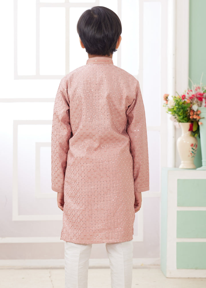 Peach Silk Mens Kurta Set With Thread Embroidery Work