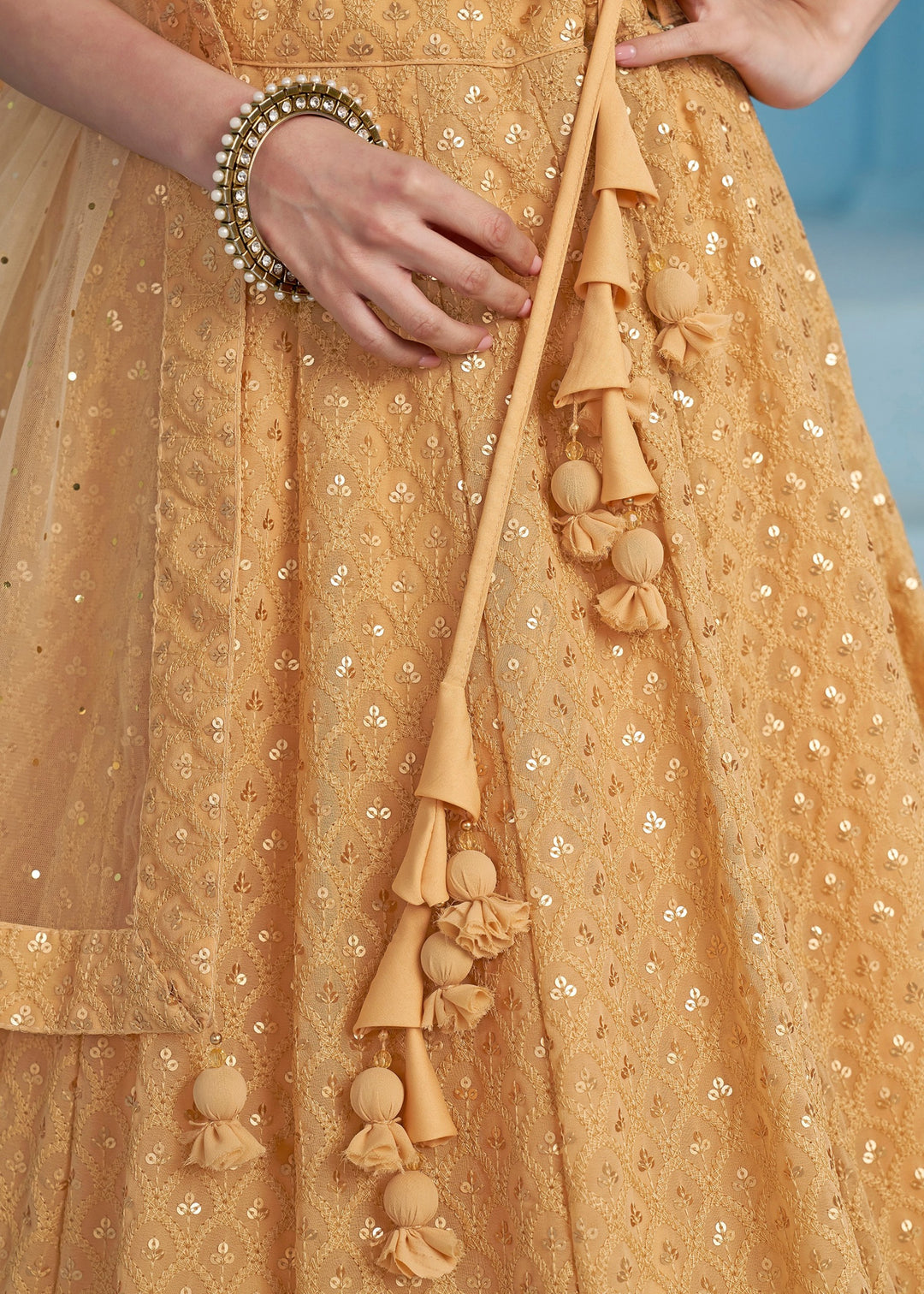 Beige Georgette Lehenga With Sequins and Thread Embroidered Work